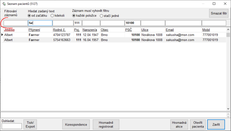 Další filtr pacientů