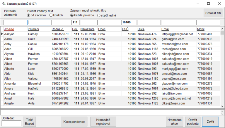 Filtrování pacientů v lékařském programu